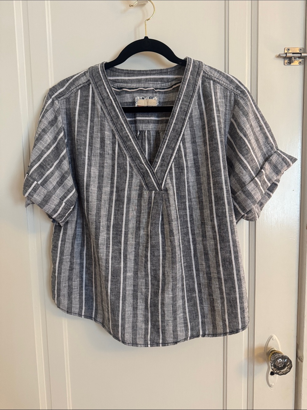Pilcro Gray and White Vertical-Stripe V-Neck Short Sleeve Shirt